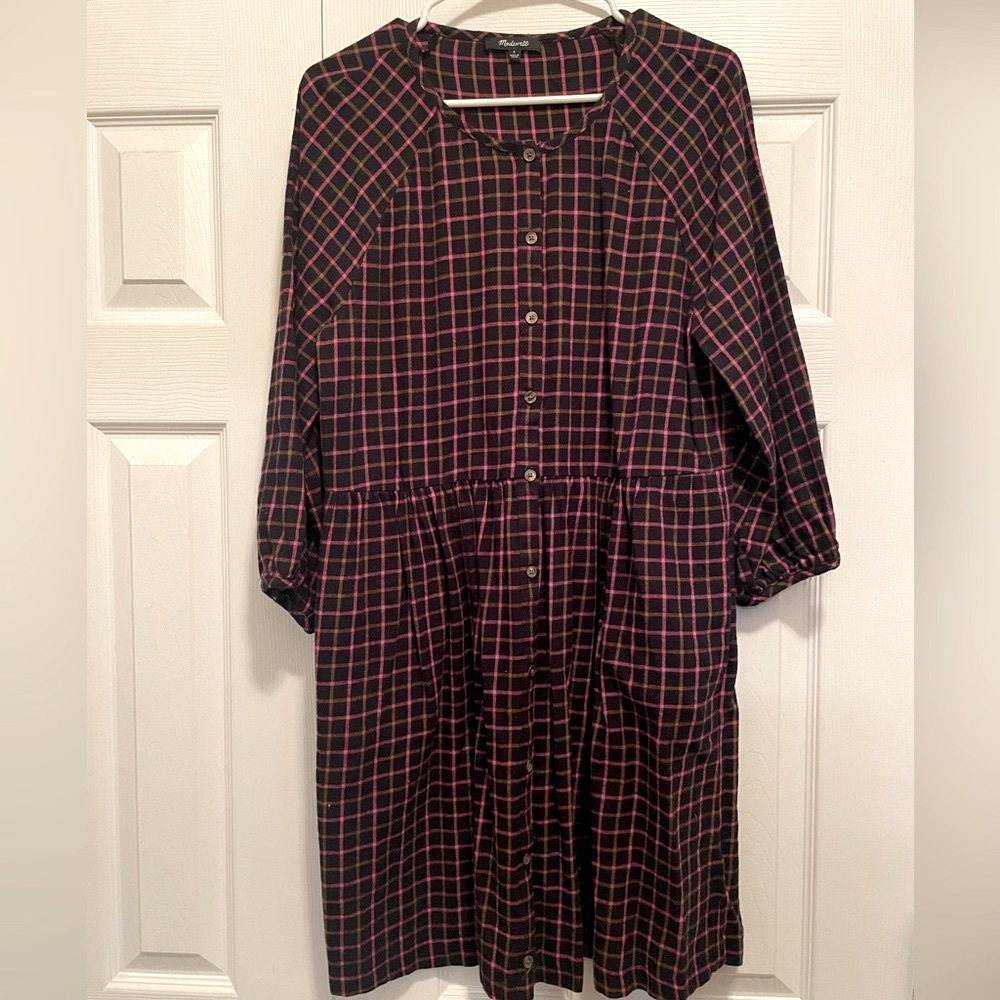 Madewell Plaid Flannel Raglan Button Front Shirt Dress Size 6 EUC